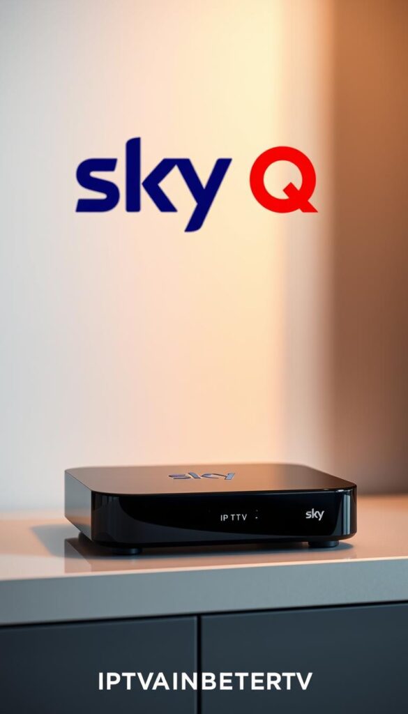 A sleek and modern Sky Q IPTV Box resting on a minimalist entertainment unit, its glossy black exterior gleaming under soft, warm lighting. The device is positioned prominently, with a clean, uncluttered background showcasing its minimalist design. The scene conveys a sense of high-quality, premium home entertainment, perfectly suited for an immersive cinematic experience. IPTVANBIETERTV branding is subtly incorporated, complementing the overall aesthetic. The image captures the Sky Q IPTV Box's role as the centerpiece of a sophisticated, technologically advanced home theater setup.