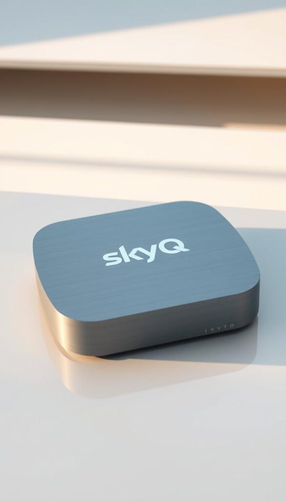 A sleek and modern Sky Q IPTV Box resting on a minimalist white surface, its brushed aluminum body gleaming under the soft, warm lighting. The device is surrounded by a clean, minimalist background, with subtle hints of grays and blues to evoke a sense of advanced technology and connectivity. The IPTVANBIETERTV logo is prominently displayed on the front of the box, conveying a sense of quality and professionalism. The composition emphasizes the simplicity and elegance of the Sky Q IPTV Box, inviting the viewer to imagine its seamless integration into a modern, tech-savvy living space.