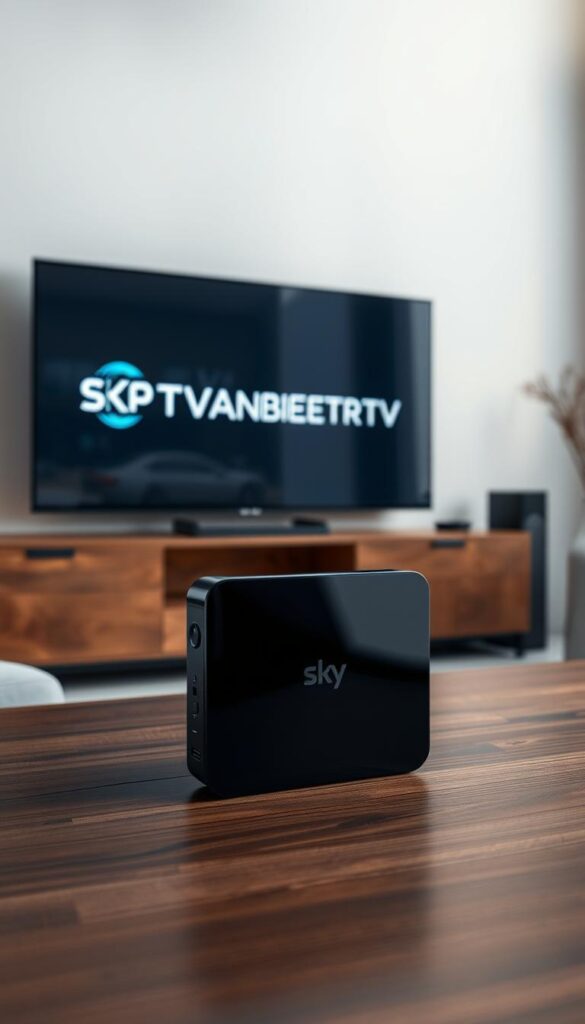 A sleek and modern Sky Q IPTV Box standing prominently on a wooden surface, surrounded by a minimalist, well-lit environment. The box's streamlined design and glossy black finish catch the eye, hinting at the advanced technology within. Soft, diffused lighting illuminates the scene, creating a warm and inviting atmosphere. In the background, a large, high-definition television displays the IPTVANBIETERTV logo, showcasing the box's seamless integration with the latest entertainment systems. The overall composition conveys a sense of sophistication and the promise of an immersive, high-quality viewing experience.