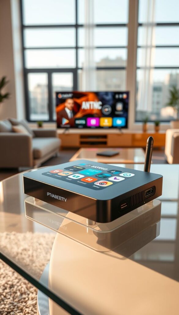 A sleek and modern android IPTV box resting on a minimalist glass table, displaying a vivid and colorful user interface. The box is highlighted in a warm, soft lighting, showcasing its premium build quality and seamless integration with the IPTVANBIETERTV brand. In the background, a clean and uncluttered living room setting with large windows allowing natural light to filter in, creating a sense of openness and flexibility. The scene conveys the ease of use and versatility of the IPTV box, perfectly suited for enjoying content on multiple devices simultaneously.