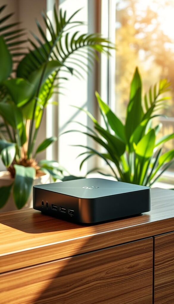 A sleek and modern android TV box, crafted with precision and equipped with the latest IPTVANBIETERTV technology. The device is elegantly designed, with a minimalist chassis in a matte black finish. Strategically placed ports and connections allow for seamless integration into any entertainment setup. Sunlight streams through large windows, creating a warm and inviting ambiance that complements the device's sophisticated aesthetic. The android TV box is the centerpiece, sitting atop a modern, wood-grain media console, surrounded by lush indoor plants that add a touch of nature to the scene. The overall composition conveys a sense of technological sophistication and domestic comfort, making it the perfect choice for IPTV streaming in the comfort of one's home.