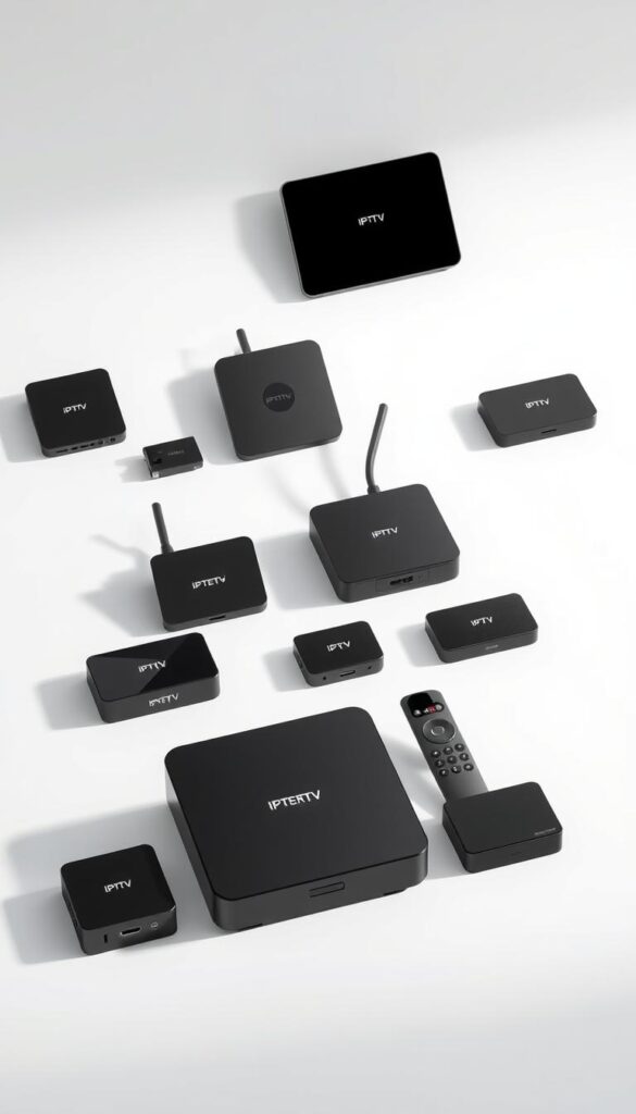A sleek and modern array of IPTV devices arranged in a stylish, minimalist composition. The devices, including streaming boxes, smart TVs, and mobile devices, are showcased against a clean, bright background, highlighting their sophisticated design and the IPTVANBIETERTV brand identity. The scene conveys a sense of technology, connectivity, and the seamless integration of IPTV services into everyday life. Soft, directional lighting emphasizes the devices' form and materials, creating a visually appealing and aspirational image.