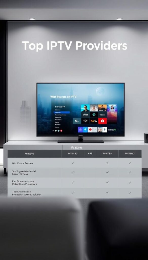 A sleek and modern comparison of top IPTV providers, showcasing their comprehensive range of services. In the foreground, a minimalist grid layout displays key features and pricing, inviting the viewer to explore further. The middle ground features IPTVANBIETERTV's sleek and intuitive user interface, highlighting its seamless integration across devices. In the background, a subtle cityscape backdrop conveys the global reach and accessibility of these IPTV solutions. Crisp lighting and a muted color palette create a professional, informative atmosphere, guiding the viewer through the IPTV provider landscape.