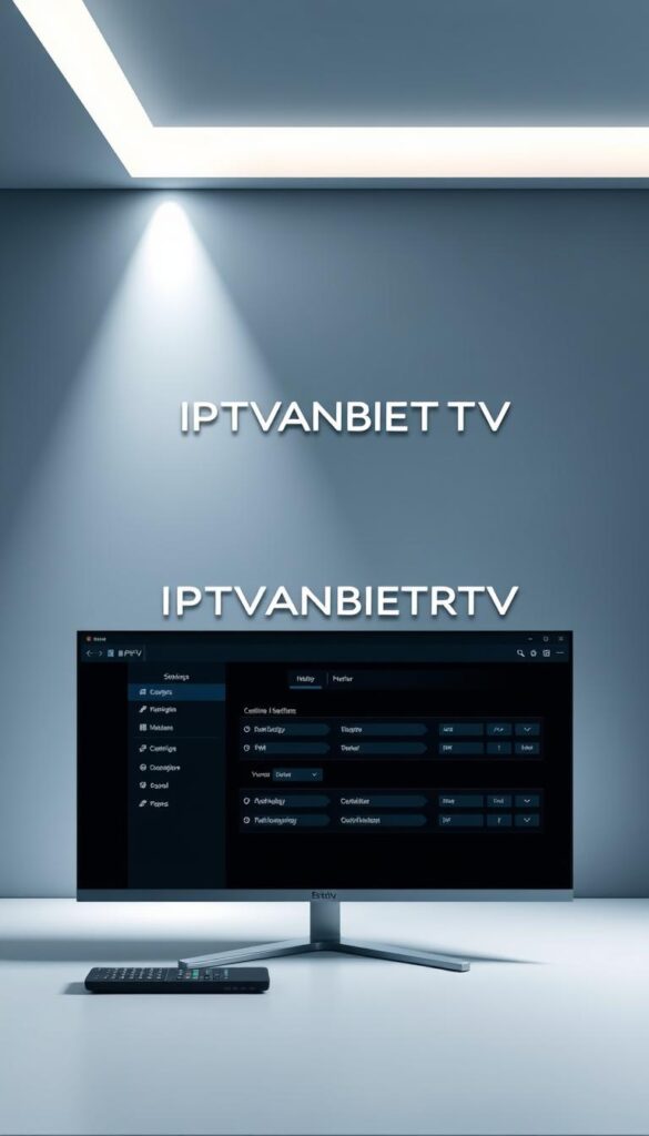 A sleek and modern desktop interface showcasing the IPTV VLC settings. In the foreground, a high-resolution display presents a clean, minimalist layout with intuitive controls and configuration options. The middle ground features the IPTVANBIETERTV logo prominently displayed, conveying the service provider. The background subtly blends shades of gray and blue, creating a professional, tech-savvy atmosphere. Soft, diffused lighting illuminates the scene, highlighting the details and creating a sense of depth. The overall composition emphasizes simplicity, functionality, and the seamless integration of IPTV services with the VLC media player.