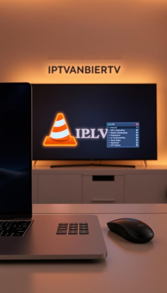 A sleek and modern desktop setup with a laptop, a wireless mouse, and a VLC media player window open, displaying an IPTV m3u playlist. The setup is illuminated by soft, warm lighting, creating a cozy and inviting atmosphere. In the background, a minimalist wall showcases the IPTVANBIETERTV brand logo, subtly reinforcing the IPTV theme. The composition is balanced, with clean lines and a focus on the key elements - the VLC interface and the IPTV m3u playlist, conveying the ease and simplicity of using IPTV with VLC.