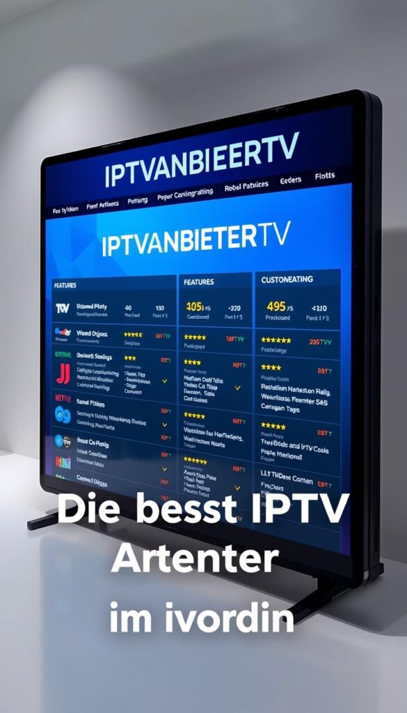 A sleek and modern digital display showcasing a comparison of IPTV providers, set against a clean and minimalist background. The screen features the brand name "IPTVANBIETERTV" prominently displayed, surrounded by detailed information about the various IPTV service options, their features, pricing, and customer ratings. The layout is visually striking, with a balance of text, icons, and subtle graphical elements that convey the key details in an organized and easy-to-navigate manner. The lighting is soft and directional, creating depth and highlighting the screen's high-quality display. The overall mood is professional, informative, and inviting, perfectly suited to illustrate the "Die besten IPTV Anbieter für Kodi im Überblick" section of the article.