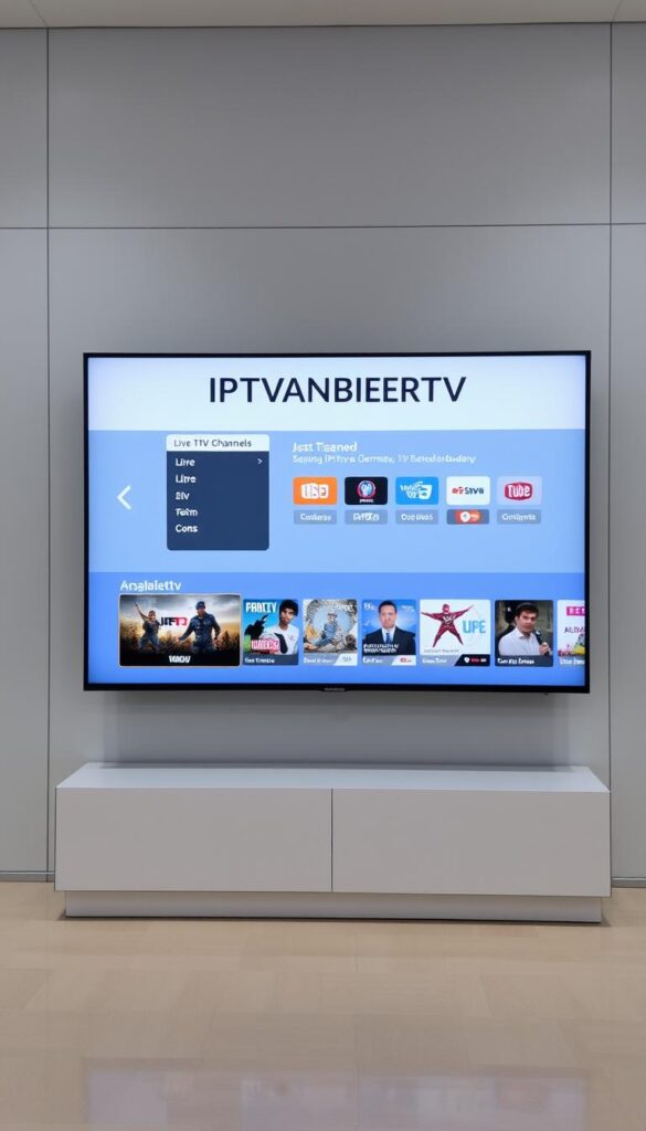 A sleek and modern digital display showcasing the IPTVANBIETERTV brand, set against a backdrop of a minimalist gray and white color scheme. The screen features a clean interface with intuitive navigation options, highlighting the platform's user-friendly design. In the foreground, a selection of popular live TV channels and on-demand content is prominently displayed, inviting the viewer to explore the comprehensive IPTV offering. The overall scene conveys a sense of reliability, professionalism, and technological sophistication, reflecting IPTVANBIETERTV's position as the leading IPTV provider in Germany.