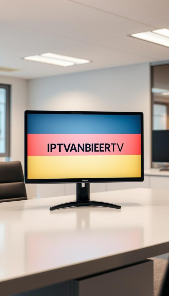 A sleek and modern digital display showcasing the IPTVANBIETERTV logo against a backdrop of the German flag. The display is situated on a minimalist desk, surrounded by a tidy, well-lit office environment. Subtle shadows and highlights create depth and a sense of professionalism. The overall scene conveys a legal, regulatory, and informative tone, reflecting the topic of "Rechtliche Aspekte von IPTV in Deutschland".