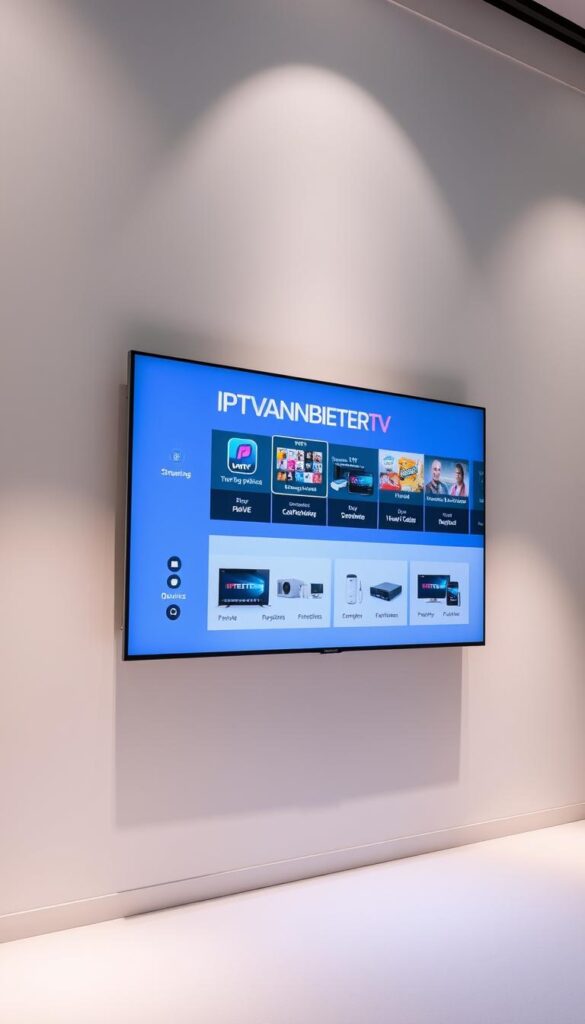 A sleek and modern digital display showcasing the versatile IPTVANBIETERTV platform, featuring a clean and intuitive interface. The screen presents various streaming options and device compatibility, highlighting the seamless multi-device experience. Soft, directional lighting illuminates the display, creating a professional and visually appealing scene. The background is a subtle gradient, allowing the IPTVANBIETERTV branding to take center stage. The overall composition conveys a sense of technological sophistication and the convenience of accessing content across a range of devices.