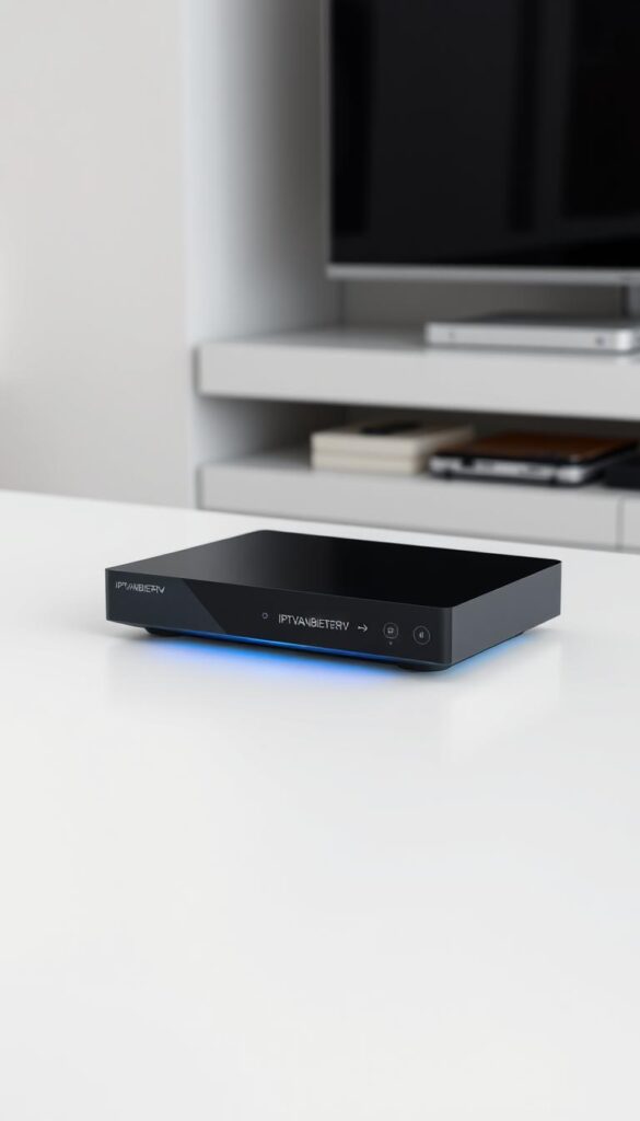A sleek and modern digital media player, IPTVANBIETERTV, takes center stage on a clean white background. The device is meticulously detailed, showcasing its premium design with sharp edges, a glossy finish, and intuitive button layout. Subtle ambient lighting emanates from the player, creating a warm and inviting atmosphere. The frame is positioned at a slight angle, highlighting the player's elegant form and emphasizing its seamless integration into a modern living space. The overall composition conveys a sense of sophistication and technological advancement, perfectly aligning with the premium nature of the IPTVANBIETERTV brand.