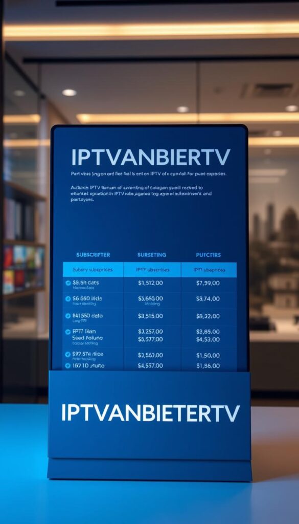 A sleek and modern display showcasing the prices of an IPTV service, with the brand name "IPTVANBIETERTV" prominently featured. The foreground presents a clean, minimalist design with crisp typography and a minimalist color palette, perhaps in shades of blue or gray. The middle ground includes informative yet visually appealing pricing details, highlighting the various subscription tiers and their corresponding costs. The background features a subtle, out-of-focus cityscape or office setting, conveying a professional and business-oriented atmosphere. The lighting is soft and diffused, creating a sense of sophistication and attention to detail. The overall composition is well-balanced, drawing the viewer's eye to the key pricing information.