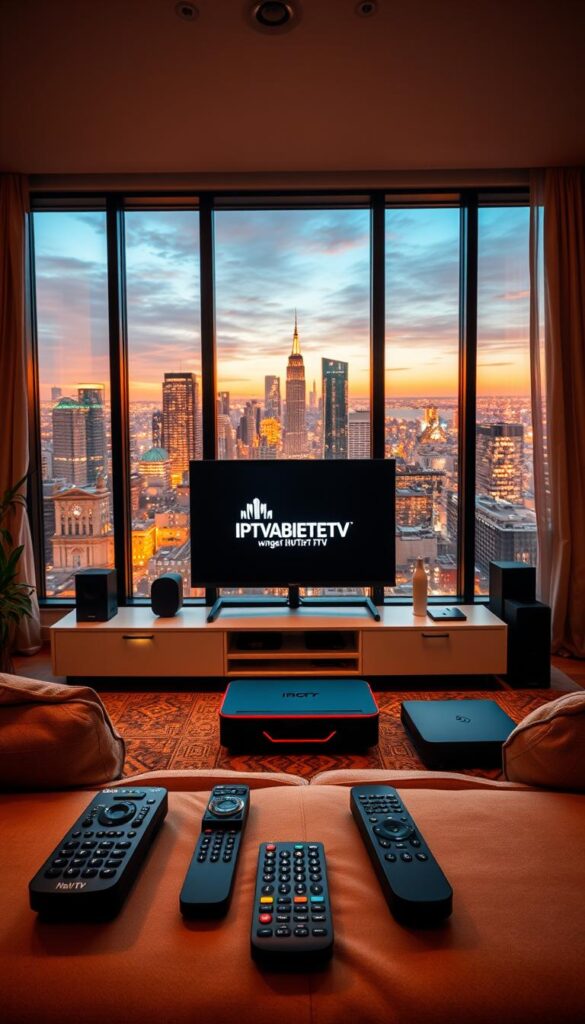 A sleek and modern home entertainment setup, centered around a large flatscreen TV displaying the IPTVANBIETERTV brand logo. The room is bathed in warm, soft lighting, creating a cozy and inviting atmosphere. In the foreground, various remote controls and smart home devices are neatly arranged, symbolizing the advanced functionality and user-friendly interface of the IPTV service. The middle ground features a cutting-edge media hub, seamlessly integrating streaming capabilities, live TV, and on-demand content. In the background, large windows offer a picturesque view of a vibrant cityscape, hinting at the wide range of channels and global coverage provided by the IPTV service. The overall scene conveys the convenience, flexibility, and comprehensive nature of the IPTV Funktionen.