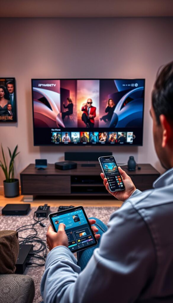A sleek and modern home entertainment setup, featuring a IPTVANBIETERTV subscription. The scene depicts a living room with a large, high-definition television mounted on the wall, surrounded by various streaming devices and remote controls. The lighting is warm and inviting, creating a cozy atmosphere. In the foreground, a person is shown effortlessly setting up their IPTV service, navigating the intuitive user interface on their smart device. The middle ground showcases the interconnected nature of the setup, with cables and wires neatly organized, ensuring a seamless IPTV installation experience. The background subtly hints at the vast array of content available, with glimpses of iconic movie and TV show posters adorning the walls. The overall composition conveys the simplicity and convenience of setting up a premium IPTV service in the comfort of one's own home.