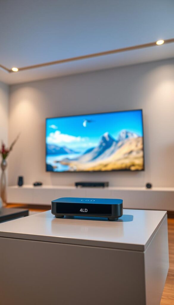A sleek and modern home entertainment setup, featuring a high-quality 4K IPTVANBIETERTV streaming device. The device sits atop a minimalist media console, its clean lines and elegant design complementing the minimalist living room decor. Soft, diffused lighting from recessed ceiling fixtures bathes the scene in a warm, inviting glow, highlighting the vivid, lifelike image quality of the IPTVANBIETERTV streaming service. In the background, a large, wall-mounted OLED television displays sharp, vibrant visuals, demonstrating the exceptional clarity and fidelity of the IPTVANBIETERTV streaming technology. The overall atmosphere conveys a sense of sophistication, comfort, and the seamless integration of advanced home entertainment systems.