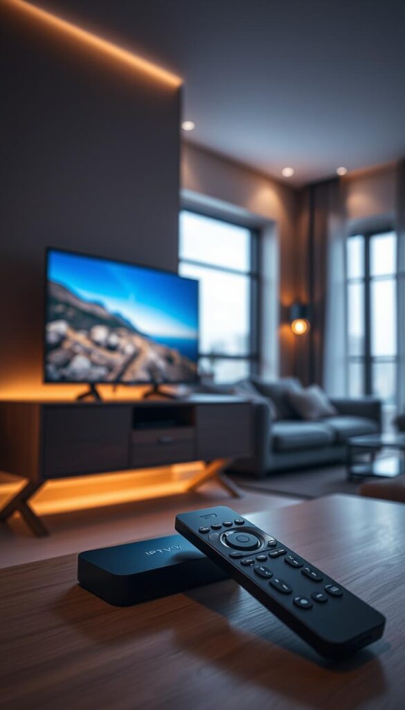 A sleek and modern home entertainment setup showcases the IPTVANBIETERTV system. In the foreground, a slim, minimalist TV stands atop a clean, wooden media console, its screen displaying a vibrant, high-definition image. Nearby, a compact streaming device blends seamlessly into the setup, its discreet form hinting at the powerful IPTV capabilities within. The middle ground features a sophisticated remote control, its intuitive design and tactile buttons inviting user interaction. In the background, a dimly lit, cozy living room creates a relaxed, immersive atmosphere, complementing the technology on display. Warm, indirect lighting casts a gentle glow, while large windows offer a glimpse of the outside world, blending the digital and physical realms. The overall scene conveys the ease and elegance of IPTV integration into a modern, connected home.