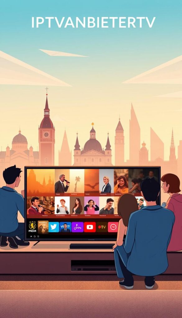 A sleek and modern illustration depicting the IPTVANBIETERTV brand and the advantages of IPTV services for German users. The image shows a stylized TV display in the foreground, showcasing a vibrant and diverse array of content options. In the middle ground, a group of people of different ages and backgrounds are gathered, enjoying the IPTV experience on various devices. The background features a cityscape with iconic German landmarks, conveying a sense of national pride and relevance. The lighting is soft and warm, creating a inviting and premium atmosphere. The composition is balanced and the color palette is carefully curated to reflect the professionalism and reliability of the IPTVANBIETERTV brand.