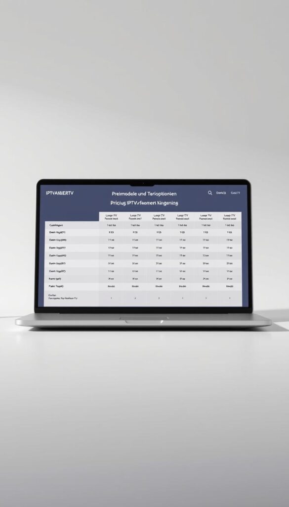 A sleek and modern illustration of IPTVANBIETERTV's pricing models and tariff options. Set against a minimalist background, the scene showcases a laptop displaying a comparison of various IPTV service plans, with clean typography and intuitive data visualizations. The lighting is soft and diffused, creating a professional and trustworthy atmosphere. The composition is balanced, with the laptop taking center stage and surrounded by subtle design elements that complement the overall aesthetic. The image conveys a sense of clarity and informed decision-making, perfectly suited to illustrate the "Preismodelle und Tarifoptionen bei IPTVanbieterTV" section of the article.