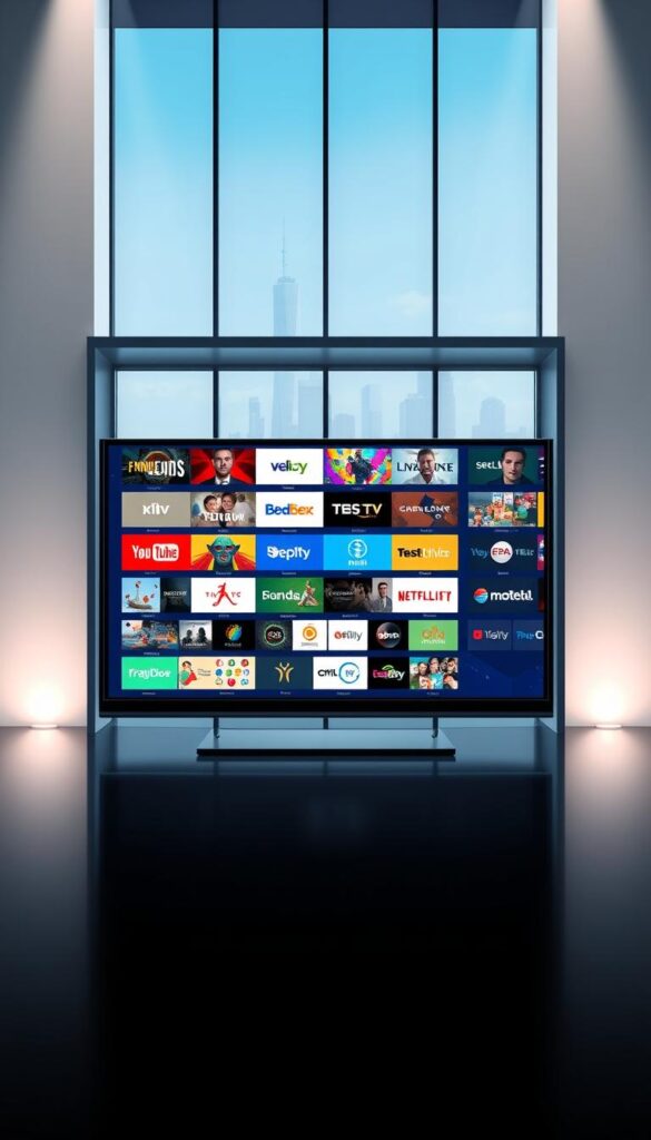 A sleek and modern illustration of the comprehensive channel offering from IPTVANBIETERTV. The image showcases a large, flat-screen television displaying a vibrant, diverse array of TV channels and content. The television is placed prominently in the foreground, surrounded by a minimalist, high-tech interior design with clean lines, neutral tones, and subtle accent lighting. In the background, a cityscape is visible through large, floor-to-ceiling windows, conveying a sense of urban sophistication. The overall scene exudes a professional, visually appealing, and technologically advanced atmosphere, perfectly capturing the essence of IPTVANBIETERTV's extensive channel selection.