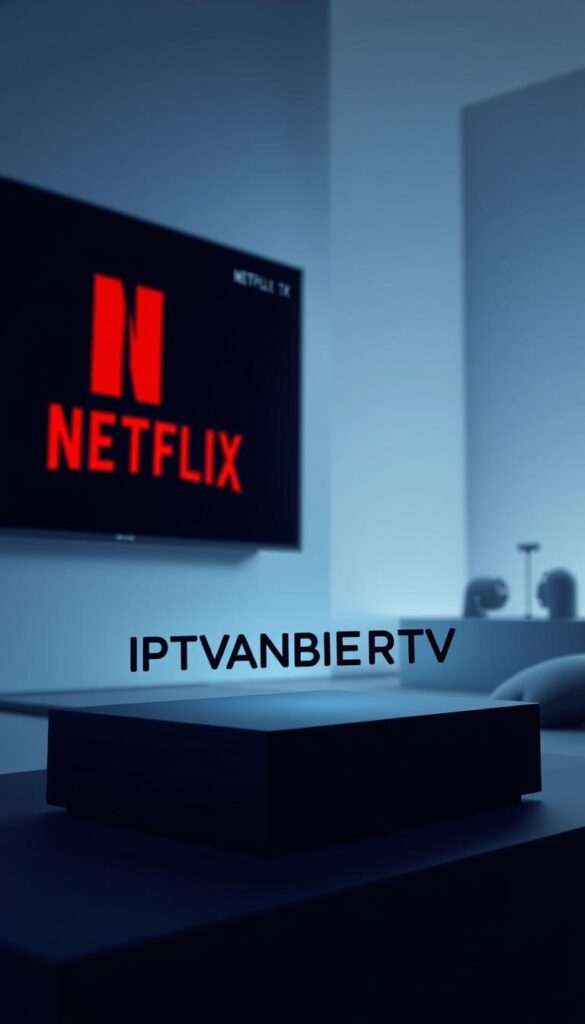 A sleek and modern illustration showcasing the integration of IPTVANBIETERTV, a premium IPTV provider, with the popular Netflix streaming service. The image should depict a clean, minimalist design with a focus on the IPTVANBIETERTV logo and branding, prominently displayed in the foreground. In the background, a seamless Netflix interface should be visible, subtly hinting at the integration between the two platforms. The overall mood should be one of sophisticated technology and user-friendly convergence, with a cool, professional color palette and precise, angular compositions. Lighting should be soft and directional, creating depth and highlighting the key elements. The scene should be captured from a slightly elevated, three-quarter angle to provide a comprehensive, visually appealing representation of the IPTV and Netflix integration.