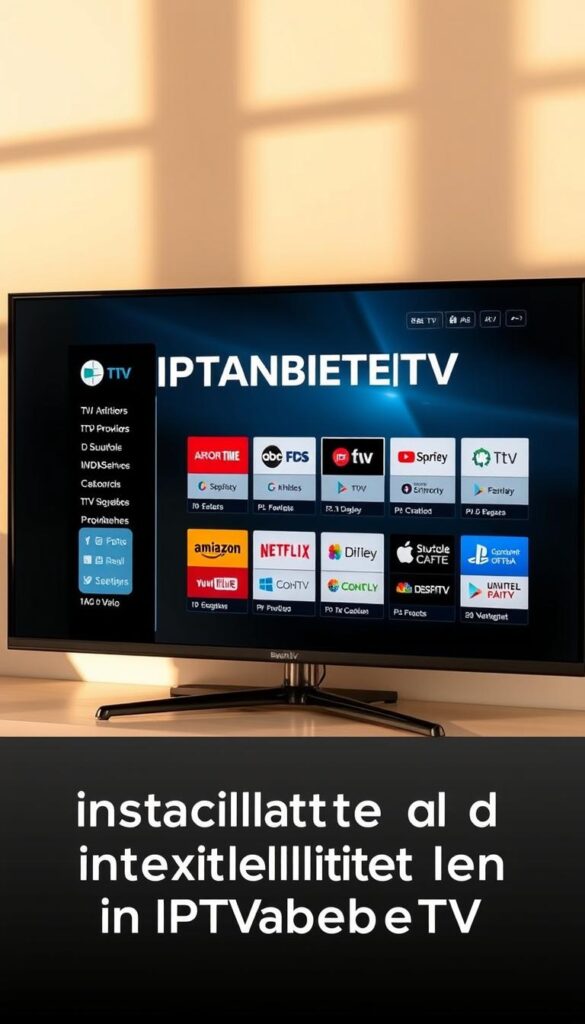 A sleek and modern interface showcasing a comprehensive list of legal IPTV providers, presented on a stylish, high-resolution display. The screen features the IPTVANBIETERTV brand prominently, with a clean and intuitive layout highlighting key details about each service, such as channel offerings, pricing, and platform compatibility. The scene is bathed in warm, natural lighting, creating a sense of professionalism and trustworthiness. The overall composition conveys a user-friendly experience, making it easy for viewers to navigate and compare different IPTV options, aligning with the section title "Installation und Einrichtung von IPTVanbieterTV".