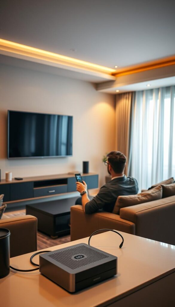 A sleek and modern interior setting, showcasing a high-end IPTVANBIETERTV subscription service. The scene features a stylish living room with a large, flat-screen television mounted on the wall, surrounded by sophisticated furniture and decor. The lighting is warm and inviting, creating a cozy and inviting atmosphere. In the foreground, a sophisticated adult customer is seated on a plush sofa, holding a remote control and intently focused on the screen. The middle ground features a minimalist, yet elegant entertainment system, including a state-of-the-art media player and a discreet cable management system. The background is softly blurred, highlighting the focal point of the image - the customer's engagement with the IPTVANBIETERTV service. The overall composition conveys a sense of luxury, comfort, and the premium nature of the IPTV provider's adult content offerings.
