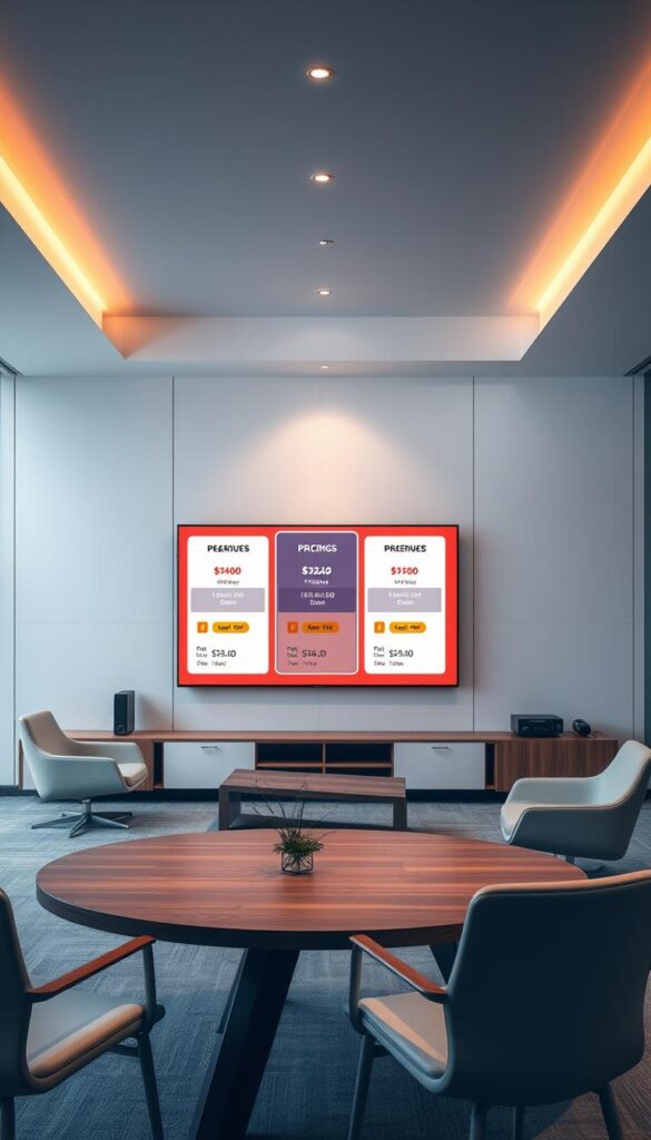 A sleek and modern interior space showcasing a range of IPTV subscription options from IPTVANBIETERTV. The scene features a large, high-resolution display in the center, presenting various pricing tiers and package details. Surrounding the display are minimalist furniture pieces, including a wooden table and contemporary chairs, creating a comfortable and professional environment. Soft, directional lighting from above casts a warm glow, highlighting the clean lines and premium materials. The overall atmosphere conveys a sense of reliability, versatility, and attention to detail, reflecting the quality of IPTVANBIETERTV's service offerings.
