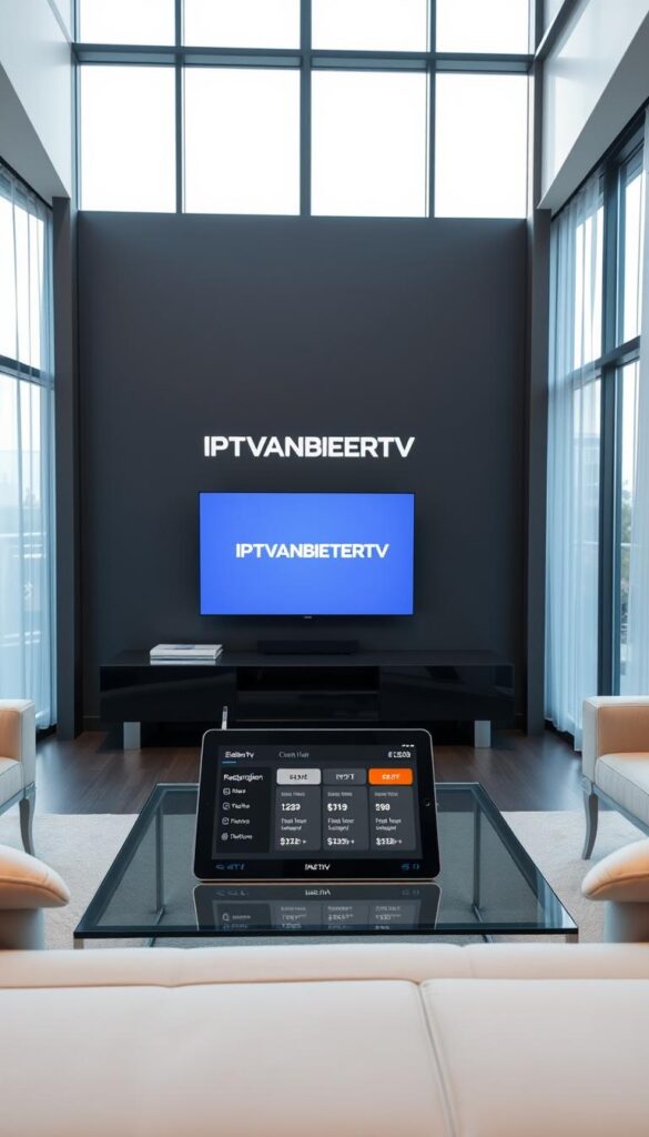 A sleek and modern interior space with large windows, letting in warm natural light. In the center, a stylish entertainment unit displays the IPTVANBIETERTV logo prominently. Below, an elegant coffee table holds a tablet displaying IPTV subscription options and pricing details. Plush seating and minimalist decor create a cozy, inviting atmosphere. The room's neutral color palette and clean lines evoke a sense of sophistication and technological innovation, reflecting the premium IPTV service on offer.
