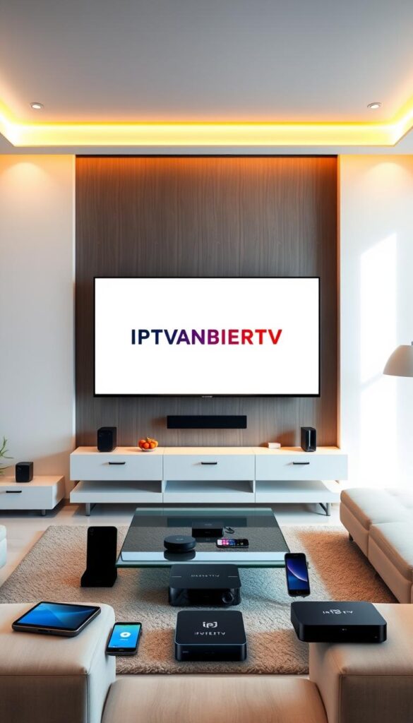A sleek and modern living room interior, bathed in warm, ambient lighting. In the center, a large flat-screen TV displays the IPTVANBIETERTV logo, showcasing its wide device compatibility. Surrounding the TV, various devices like smartphones, tablets, and streaming boxes are neatly arranged, highlighting the seamless IPTV experience across multiple platforms. The room features minimalist furniture, with clean lines and neutral tones, creating a cozy and inviting atmosphere. The overall scene conveys the convenience and affordability of IPTV-Streaming on different devices.