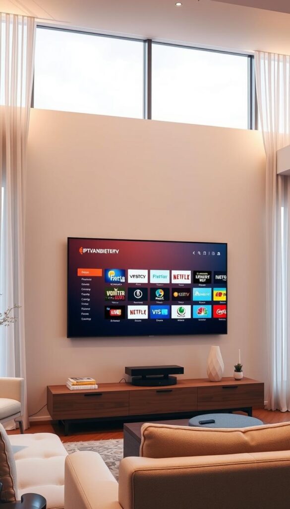 A sleek and modern living room interior with a large flatscreen TV mounted on the wall. On the TV screen, a user interface for a free IPTV player app is displayed, showcasing a wide selection of live TV channels and on-demand content. The app's logo "IPTVANBIETERTV" is prominently featured. The room is bathed in warm, ambient lighting, creating a cozy and inviting atmosphere. Sheer curtains frame the windows, hinting at a picturesque outdoor view. A comfortable sofa and minimal, Scandinavian-inspired furniture complete the stylish setting, making it an ideal space for enjoying free IPTV entertainment on the Fire TV Stick.
