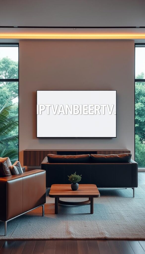 A sleek and modern living room interior, with a large flatscreen television mounted on the wall, displaying the bold text "IPTVANBIETERTV" in a clean, minimalist font. The room is bathed in soft, warm lighting, creating a cozy and inviting atmosphere. In the foreground, a comfortable leather sofa and armchair provide a perfect viewing experience, while a low, wooden coffee table completes the minimalist, contemporary design. The background features large windows, allowing natural light to filter in and offering a glimpse of a lush, green outdoor landscape, symbolizing the freedom and versatility of IPTV streaming. The overall composition captures the essence of the "revolution of television" and the transformative power of IPTV technology.