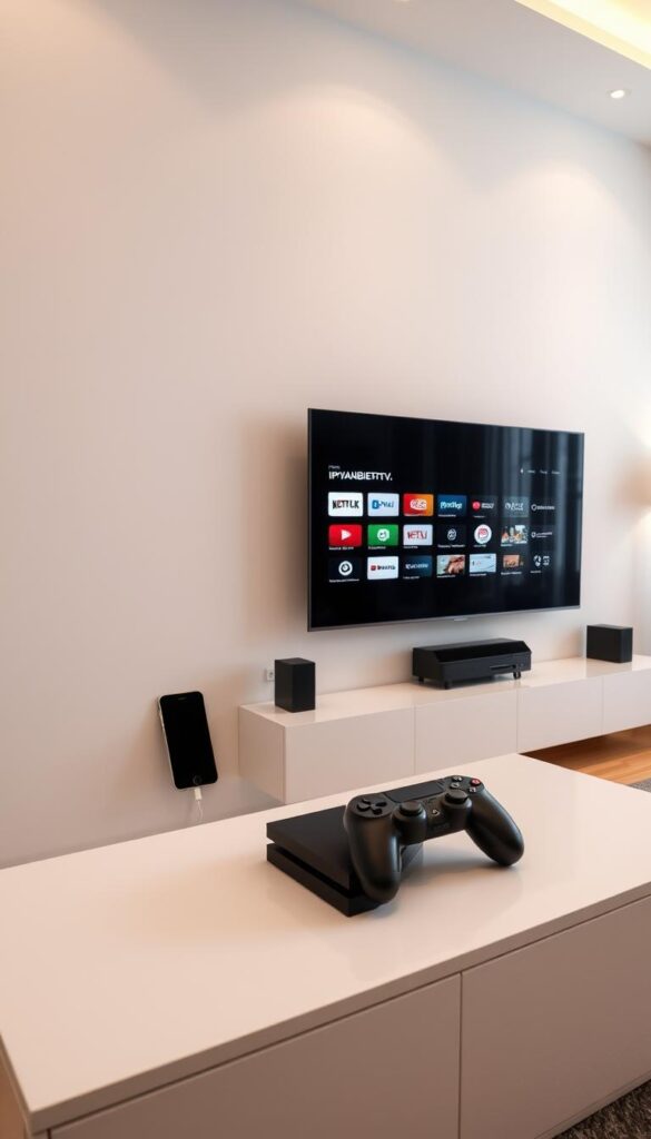 A sleek and modern living room setting with a large flatscreen TV mounted on the wall. Various smart devices such as a smartphone, tablet, and gaming console are arranged neatly on a minimalist entertainment center, all connected to the IPTVANBIETERTV service, showcasing its seamless compatibility across multiple platforms. Soft, ambient lighting illuminates the room, creating a cozy and inviting atmosphere. The overall scene conveys the ease and convenience of accessing high-quality IPTV content on any device, be it a television, mobile, or gaming system.