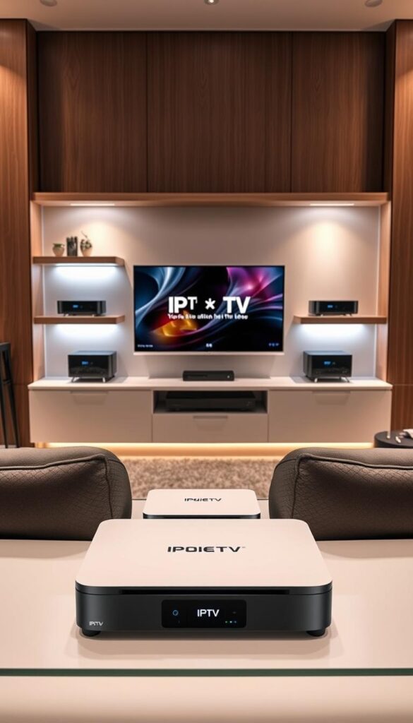 A sleek and modern living room setting, with a prominent entertainment center showcasing a collection of popular IPTV box models from the brand "IPTVANBIETERTV". The boxes are presented in a well-lit, carefully arranged display, highlighting their modern design and advanced features. The background is a warm, cozy interior with subtle hints of German décor, creating an inviting atmosphere. The lighting is soft and diffused, accentuating the clean lines and premium materials of the IPTV boxes. The composition is balanced, with the IPTV boxes taking center stage, surrounded by complementary furnishings that evoke a sense of sophistication and technology-forward living. A sleek and modern living room setting, with a prominent entertainment center showcasing a collection of popular IPTV box models from the brand "IPTVANBIETERTV". The boxes are presented in a well-lit, carefully arranged display, highlighting their modern design and advanced features. The background is a warm, cozy interior with subtle hints of German décor, creating an inviting atmosphere. The lighting is soft and diffused, accentuating the clean lines and premium materials of the IPTV boxes. The composition is balanced, with the IPTV boxes taking center stage, surrounded by complementary furnishings that evoke a sense of sophistication and technology-forward living.