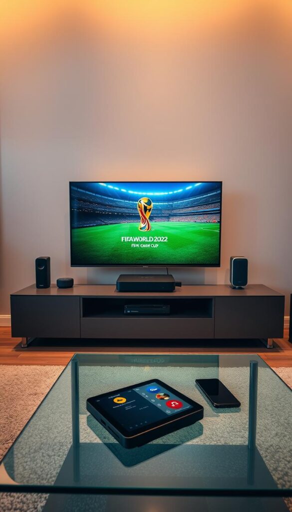 A sleek and modern living room setup, showcasing an array of devices compatible with IPTVANBIETERTV. In the foreground, a state-of-the-art 4K smart TV takes center stage, surrounded by a minimalist entertainment system. Nearby, a high-performance streaming box and a voice-controlled smart speaker sit atop a stylish media cabinet. Complementing the setup, a tablet and a smartphone lay on a glass coffee table, symbolizing the seamless integration of IPTV across multiple devices. The scene is bathed in warm, directional lighting, creating a cozy and inviting atmosphere, perfect for enjoying the 2022 FIFA World Cup.