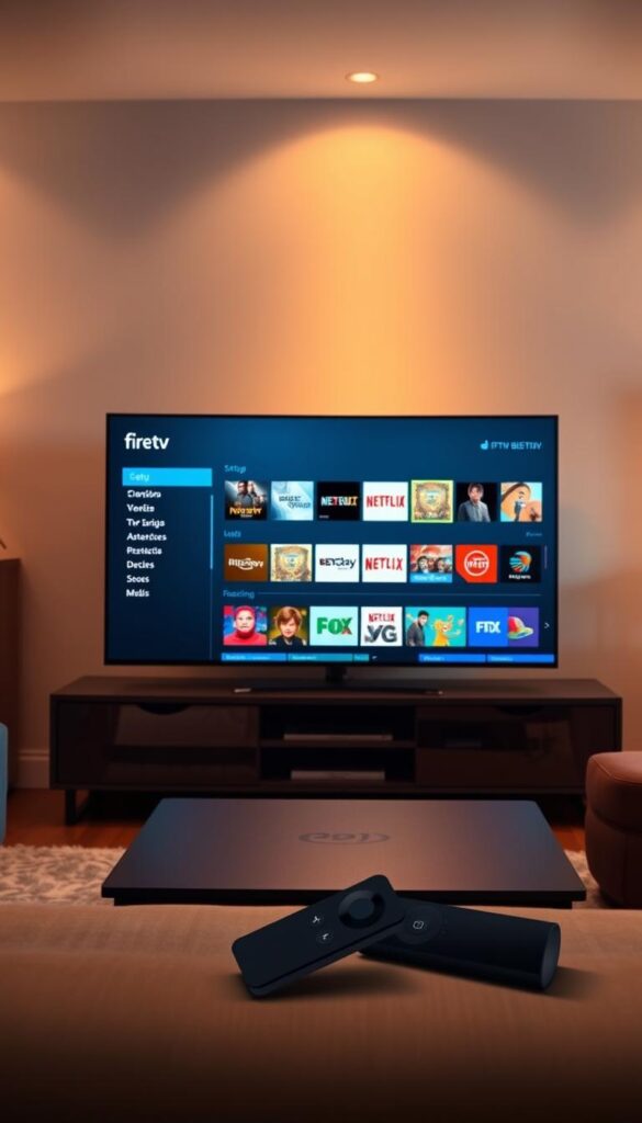 A sleek and modern living room setup with a Fire TV device prominently displayed. The room is bathed in warm, soft lighting, creating a cozy and inviting atmosphere. On the screen, the IPTVANBIETERTV interface is clearly visible, showcasing its intuitive menu and a wide selection of live TV channels. The setup process is illustrated through a series of on-screen prompts and menus, guiding the user through the simple and straightforward configuration steps. The overall scene conveys a sense of effortless integration, where the IPTV service seamlessly blends with the Fire TV experience.