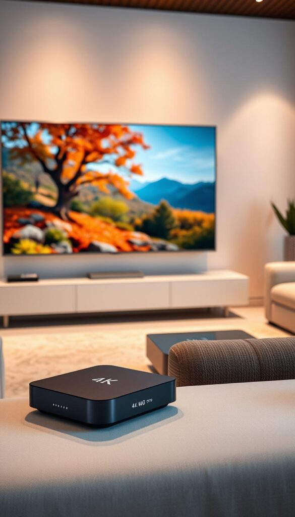 A sleek and modern living room with a large 4K television display. The screen shows a vibrant and detailed nature scene, immersing the viewer in a captivating visual experience. In the foreground, a state-of-the-art IPTVANBIETERTV streaming box sits prominently, its minimalist design and glowing indicator lights hinting at the powerful 4K capabilities within. Soft, directional lighting illuminates the scene, creating a warm and inviting atmosphere. The room is tastefully decorated, with clean lines and neutral tones that complement the high-tech elements. This image conveys the idea of a seamless, premium 4K streaming experience that revolutionizes the traditional television viewing.