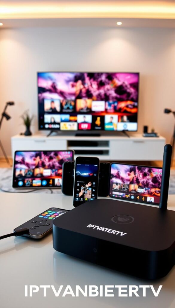 A sleek and modern multi-device IPTV setup, showcasing the IPTVANBIETERTV brand. In the foreground, a variety of contemporary devices - a smart TV, a tablet, a smartphone, and a streaming box - are seamlessly connected, displaying vibrant, high-quality IPTV content. The middle ground features a clean, minimalist home entertainment center, with a neatly organized cable management system. The background evokes a cozy, well-lit living room, with warm lighting and subtle textures, creating an inviting and immersive atmosphere. The overall composition emphasizes the convenience, versatility, and premium quality of the IPTVANBIETERTV IPTV service, catering to the modern, tech-savvy viewer.