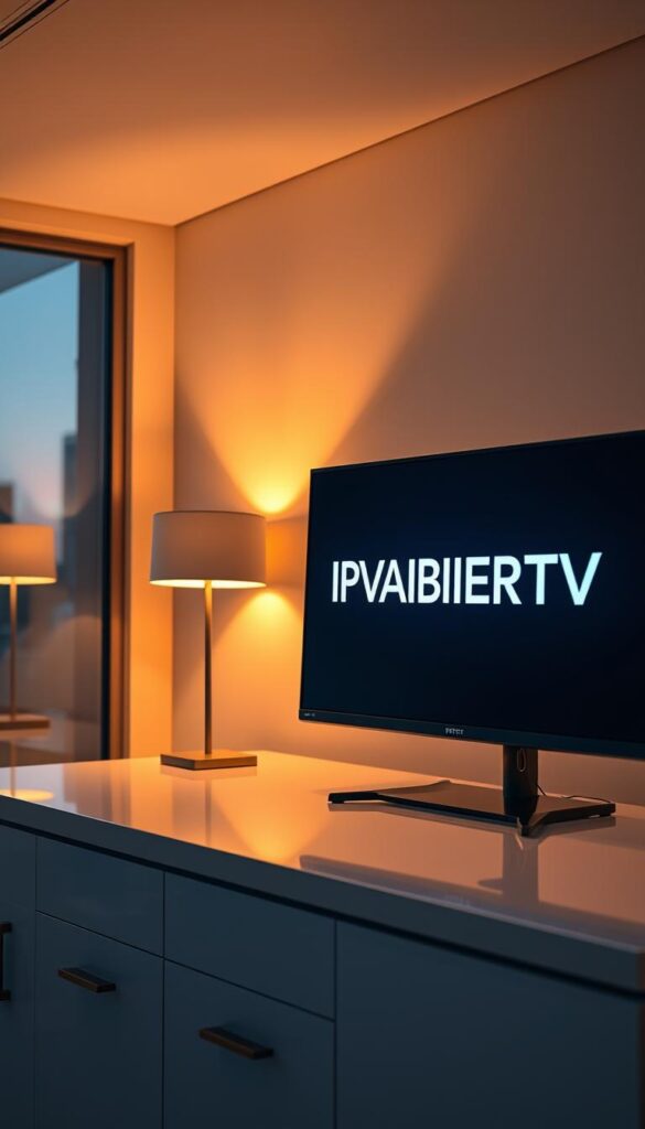 A sleek and modern office interior with a large monitor displaying the IPTVANBIETERTV logo. The monitor is situated on a minimalist desk, bathed in warm, directional lighting from a floor lamp. The background features a blurred cityscape, hinting at the reliable and professional nature of the IPTV service. The overall mood is one of sophistication, efficiency, and customer-centric service. The camera angle is slightly elevated, conveying a sense of authority and expertise.
