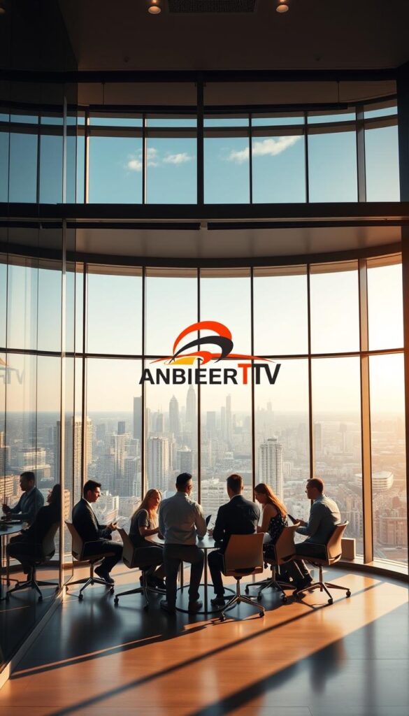 A sleek and modern office interior with large windows offering a panoramic view of a bustling city skyline. In the center of the frame, a team of professionals gathers around a conference table, discussing plans and strategies. The room is bathed in warm, natural lighting, creating a professional and productive atmosphere. On the wall behind them, the bold and dynamic logo of "IPTVANBIETERTV" is prominently displayed, indicating this is the headquarters of the leading IPTV provider in Germany. The overall scene conveys a sense of authority, innovation, and a commitment to delivering high-quality services to their customers.