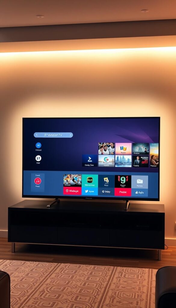 A sleek and modern smart TV display showcasing the seamless compatibility of IPTVANBIETERTV, the premier IPTV provider in Germany. The screen presents a clean, minimalist interface with intuitive controls and a visually striking user experience. Soft, warm lighting illuminates the display, creating a cozy and inviting atmosphere. The TV sits atop a sturdy, contemporary stand, emphasizing its technological prowess and integration into the modern living space. The background features a subtle, blurred cityscape, hinting at the wide range of content and services IPTVANBIETERTV offers to its users. The overall composition conveys the reliable and user-friendly nature of IPTVANBIETERTV's smart TV compatibility, making it the ideal choice for discerning viewers.
