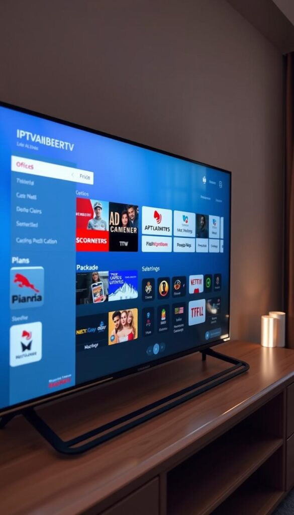 A sleek and modern smart TV displaying the IPTVANBIETERTV app interface, showcasing a clean and intuitive layout with a grid of live TV channels and on-demand content. The screen is illuminated by soft, natural lighting, creating a warm and inviting atmosphere. The app's pricing and subscription options are prominently featured, highlighting the various plans and package deals available to users. The overall composition conveys a sense of professionalism, reliability, and value, reflecting the high-quality service offered by IPTVANBIETERTV.