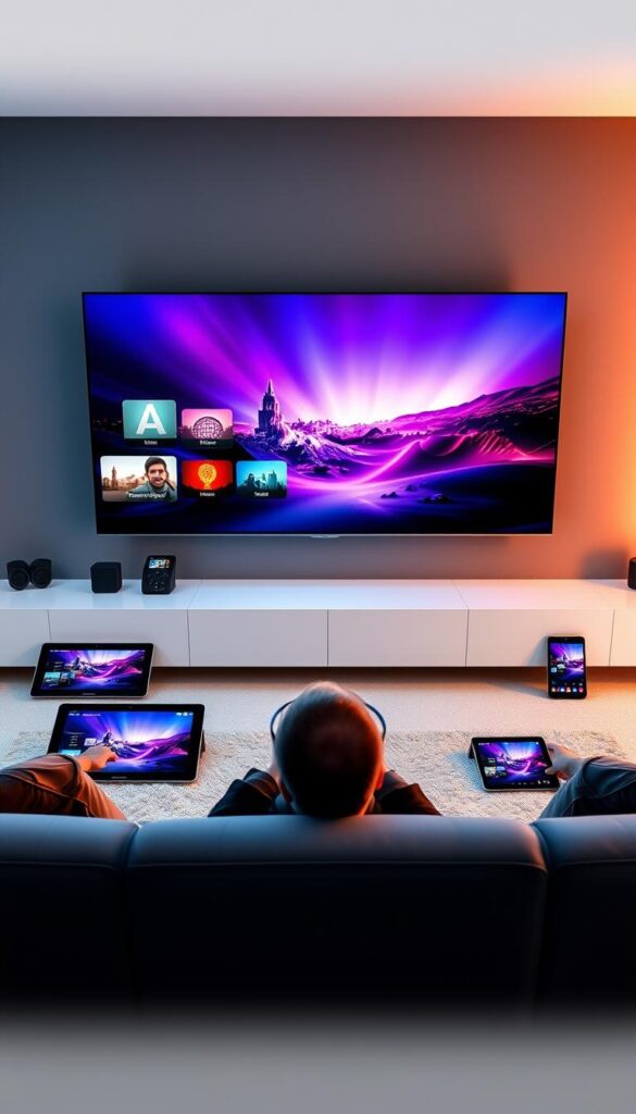 A sleek and modern smart TV interface showcasing the seamless multi-device connectivity of IPTVANBIETERTV. In the center, a high-definition display presents a vivid, cinema-quality streaming experience. Surrounding it, various tablet and mobile devices are effortlessly synced, allowing users to access and control their IPTV content across an array of personal screens. The layout is clean and intuitive, with a sophisticated color palette of grays, blues, and whites. Warm, directional lighting accentuates the smooth, reflective surfaces, creating a sense of technological sophistication. The overall scene conveys the convenience and versatility of IPTVANBIETERTV's Mehrgeräteunterstützung, or multi-device support, for the ultimate IPTV experience.