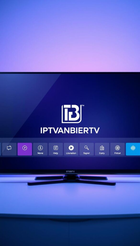 A sleek and modern smart TV interface with the IPTVANBIETERTV logo prominently displayed in the center. The background is a blend of subtle gradients in shades of blue and purple, creating a premium and high-tech atmosphere. The interface showcases a clean, minimalist design with easy-to-navigate menus and icons. The lighting is soft and diffused, adding a sense of depth and sophistication to the scene. The camera angle is slightly elevated, giving the viewer a sense of authority and control over the device. The overall impression is one of a premium, high-quality IPTV service that caters to the discerning user.