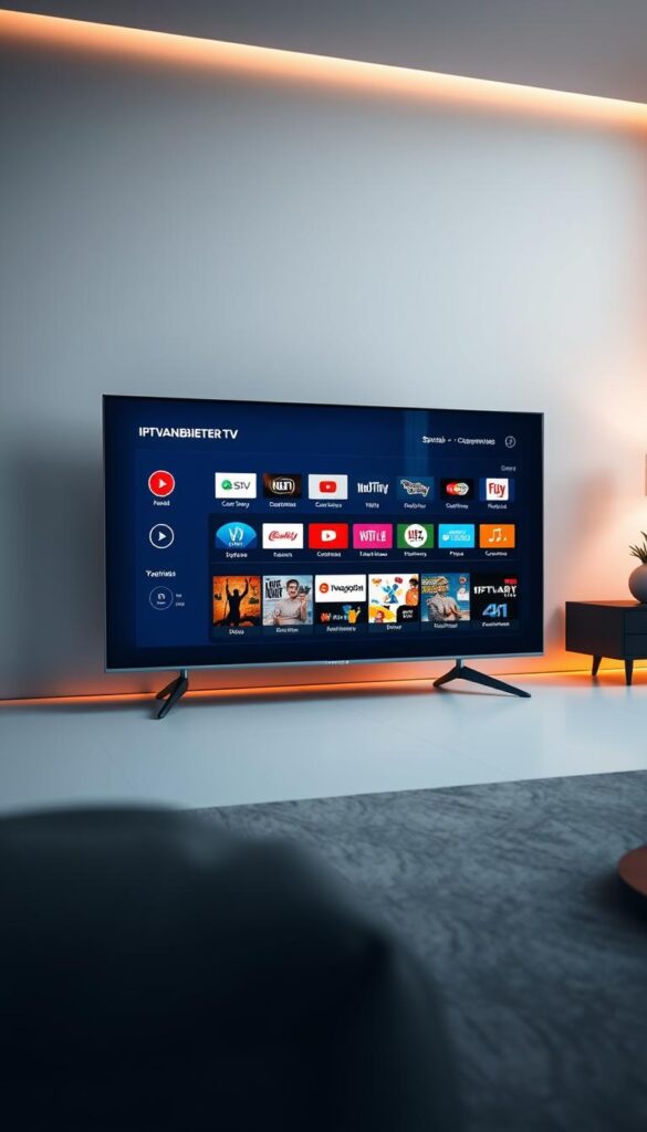 A sleek and modern smart TV setup, displaying the IPTVANBIETERTV interface. The screen shows a well-organized menu with crisp icons and intuitive navigation, making it easy to browse and select various IPTV channels and content. The TV is set against a minimalist backdrop, with clean lines and subtle ambient lighting creating a sophisticated and inviting atmosphere. The entire scene is captured with a cinematic, wide-angle lens, emphasizing the seamless integration of the IPTV service into the smart TV experience.