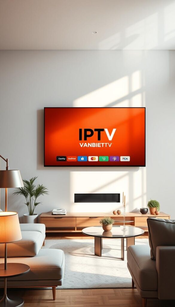 A sleek and modern smart TV setup showcasing IPTV service. A living room interior with large flatscreen TV mounted on the wall, surrounded by minimalist furniture and stylish decor. The TV screen displays the IPTVANBIETERTV logo and interface, highlighting the seamless integration of IPTV technology. Warm, diffused lighting from floor lamps and natural sunlight create a cozy, inviting atmosphere. The arrangement conveys the convenience and enjoyment of IPTV on a smart TV, suitable for a variety of media entertainment.