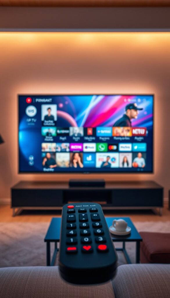 A sleek and modern television display showcases a vibrant and diverse array of IPTVANBIETERTV programming options. The screen is bathed in a warm, cinematic lighting, creating a cozy and inviting atmosphere. In the foreground, a remote control hovers, highlighting the seamless user experience. The middle ground features a clean and intuitive on-screen interface, showcasing a wide selection of live and on-demand content. In the background, a minimalist living room setting provides a sense of context, with subtle hints of technology and entertainment. The overall composition conveys the idea of a comprehensive and immersive IPTV experience, tailored to the needs of modern viewers.
