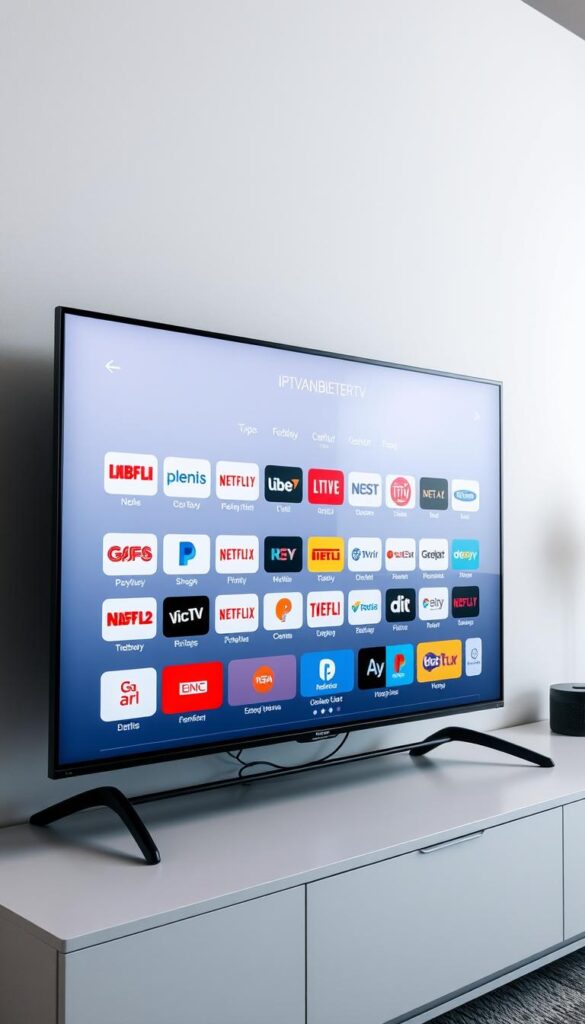 A sleek and modern television display showcasing the comprehensive IPTVANBIETERTV channel lineup. The screen is crisp and vibrant, with a minimalist on-screen interface that elegantly presents the diverse array of entertainment options. The background is a soft, muted gradient, drawing focus to the channel logos and icons arranged in a clean, organized grid. Subtle lighting creates depth and dimensionality, giving the scene a sophisticated, high-tech ambiance. The overall impression is one of a premium, state-of-the-art IPTV service, offering a seamless and immersive viewing experience.