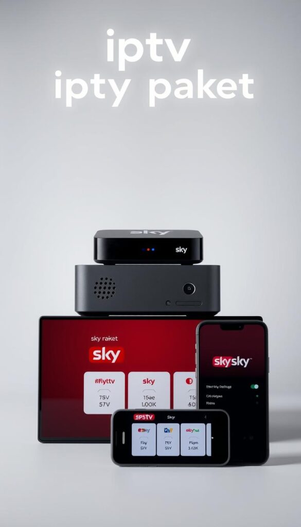A sleek and modern visual representation of the "iptv sky paket" offering from IPTVANBIETERTV. Set against a clean, minimalist backdrop, the image showcases a neatly arranged stack of devices - a smart TV, a streaming box, and a smartphone - each displaying the IPTVANBIETERTV logo and the various Sky package options. The lighting is soft and even, highlighting the premium aesthetic of the products. The composition is balanced, with the devices occupying the foreground and middle ground, while the background maintains a subtle, blurred gradient to maintain focus on the key elements. The overall mood is one of professionalism, simplicity, and consumer-friendly accessibility, reflecting the target audience's needs for a comprehensive, high-quality IPTV solution integrated with the popular Sky service.