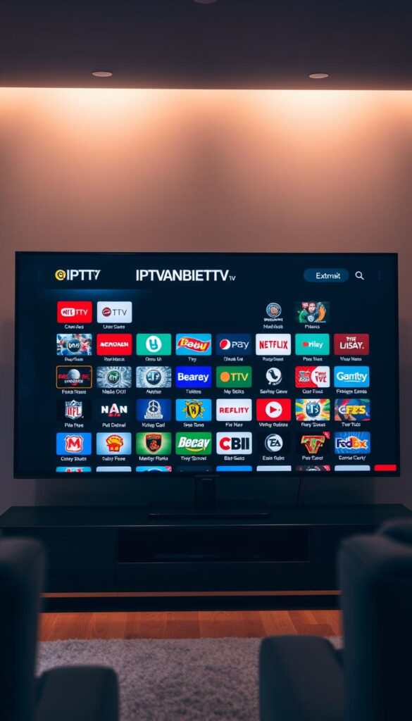 A sleek and visually compelling IPTV channel lineup showcased on a modern flat-screen television display. The interface features a clean, minimalist design with a focus on the extensive channel selection, arranged in a grid layout. Bright, vibrant colors and high-contrast typography create a polished, professional aesthetic. The IPTVANBIETERTV brand name is prominently displayed, conveying the comprehensive nature of the channel offering. The scene is illuminated by soft, indirect lighting, creating a warm and inviting atmosphere. The television is positioned in a stylish, contemporary living room setting, hinting at the versatility and convenience of the IPTV service.