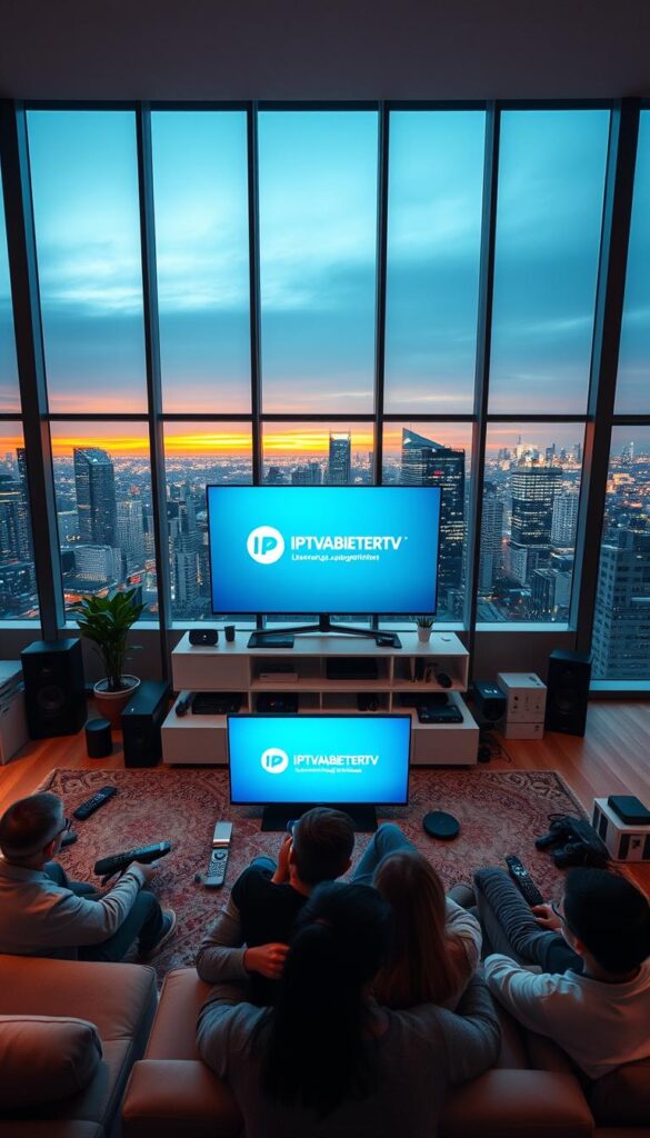 A sleek, contemporary living room filled with high-tech gadgets and devices. In the center, a large, ultra-high-definition television displaying the IPTVANBIETERTV brand logo, surrounded by a variety of remote controls and streaming devices. The room is bathed in a warm, ambient lighting, creating a cozy and inviting atmosphere. In the foreground, a family gathers around the television, enjoying the seamless, multi-device experience provided by IPTVANBIETERTV's lebenslange zugangsberechtigung. The middle ground features a modern, minimalist entertainment center with ample storage for various media and devices. The background showcases floor-to-ceiling windows, providing a panoramic view of a vibrant city skyline, emphasizing the interconnectedness and global reach of IPTVANBIETERTV's services.