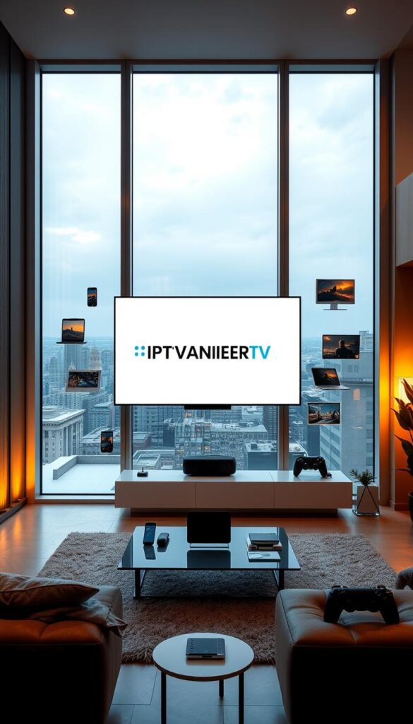 A sleek, contemporary living room with floor-to-ceiling windows overlooking a cityscape. In the center, a large, flat-screen television mounted on the wall displays the IPTVANBIETERTV logo. Surrounding the television, various electronic devices - smartphones, tablets, gaming consoles - are seamlessly integrated, showcasing the "Mehrgeräte-Unterstützung" (multi-device support) feature. Warm, ambient lighting creates a cozy atmosphere, and minimalist furniture and decor elements complement the modern, high-tech aesthetic. The scene conveys a sense of convenience, flexibility, and technology-driven lifestyle.